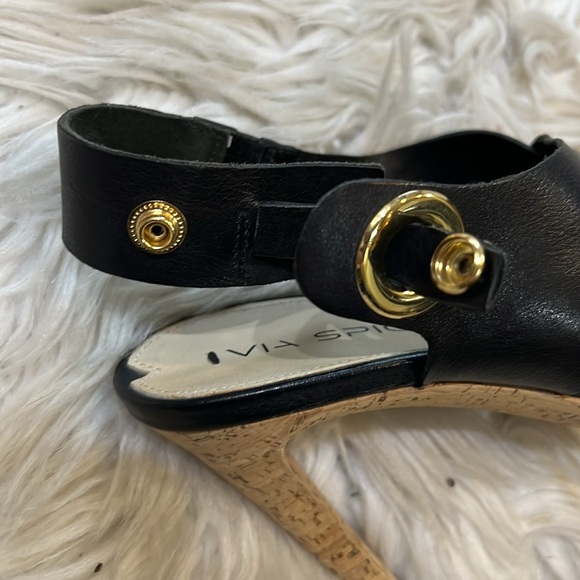Via Spiga Black Leather Open Toe Cork Heel Onitta Sandals Women’s Size 6.5 - Picture 10 of 10